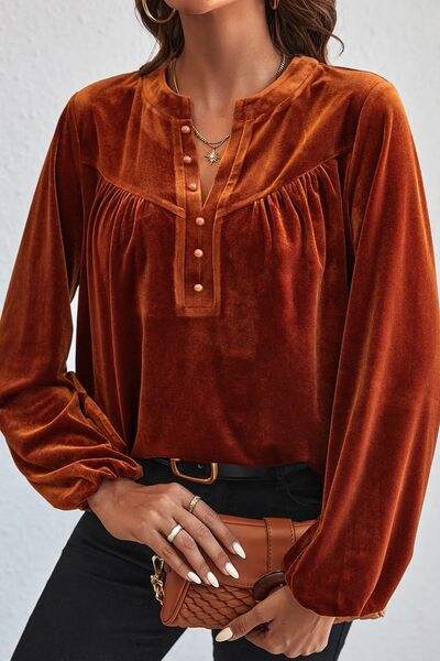 Ruched Decorative Button Notched Blouse Chestnut Blouses - Tophatter Daily Deals