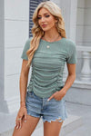 Eyelet Ruched Round Neck Short Sleeve T-Shirt Gum Leaf Women's T-Shirts - Tophatter Daily Deals