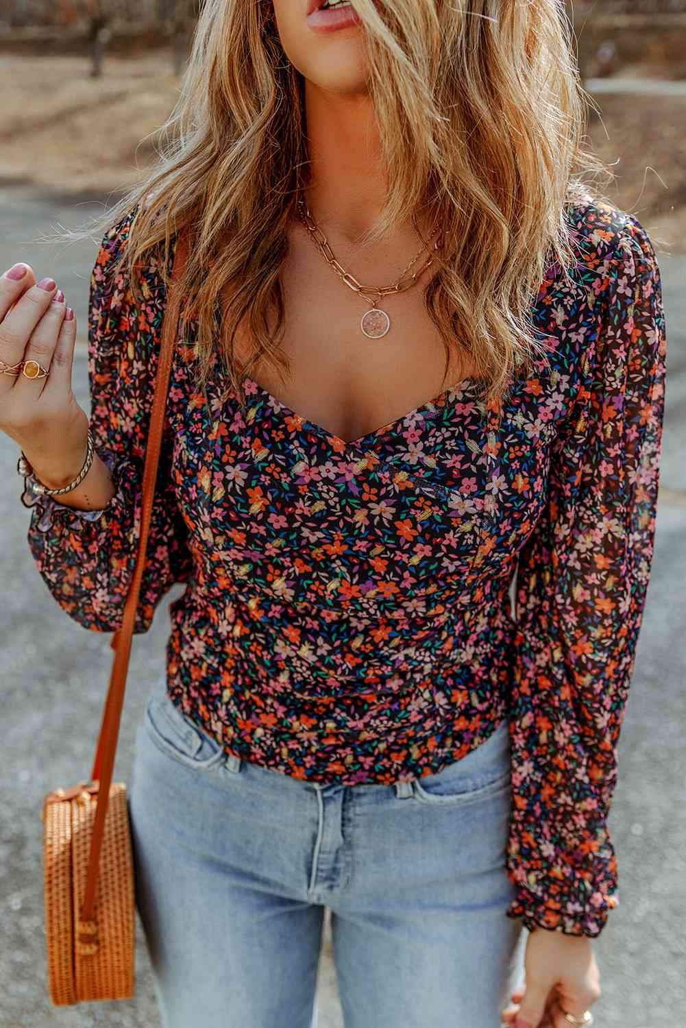 Floral Long Flounce Sleeve Blouse Blouses - Tophatter Daily Deals