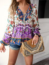 Floral Tie Neck Puff Sleeve Blouse Blouses - Tophatter Daily Deals