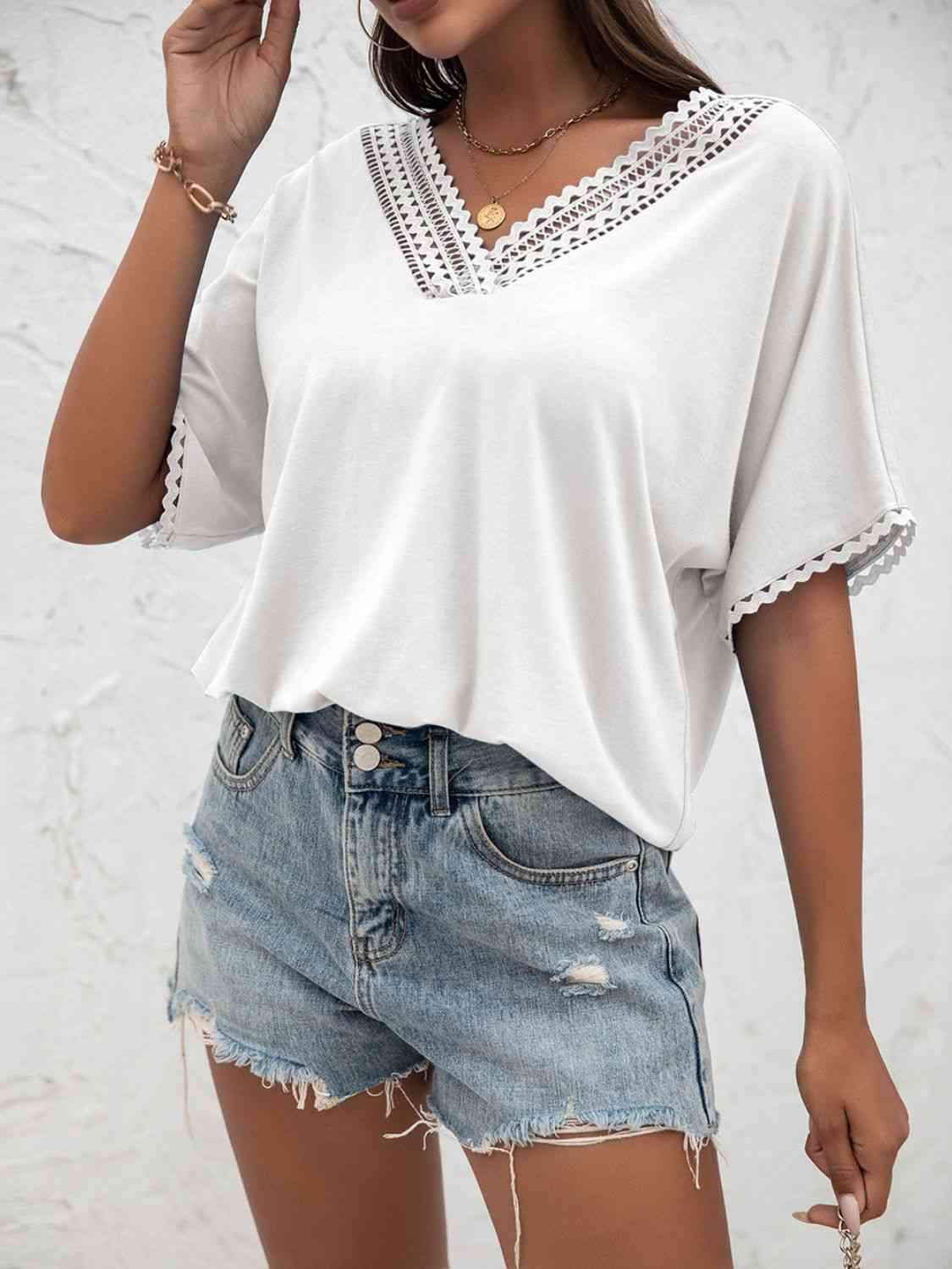 V-Neck Short Sleeve Blouse Blouses - Tophatter Daily Deals