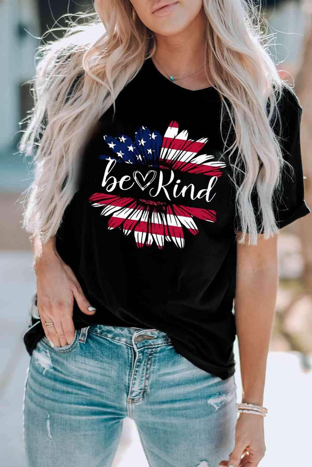 BE KIND US Flag Graphic Round Neck Tee Women's T-Shirts - Tophatter Daily Deals