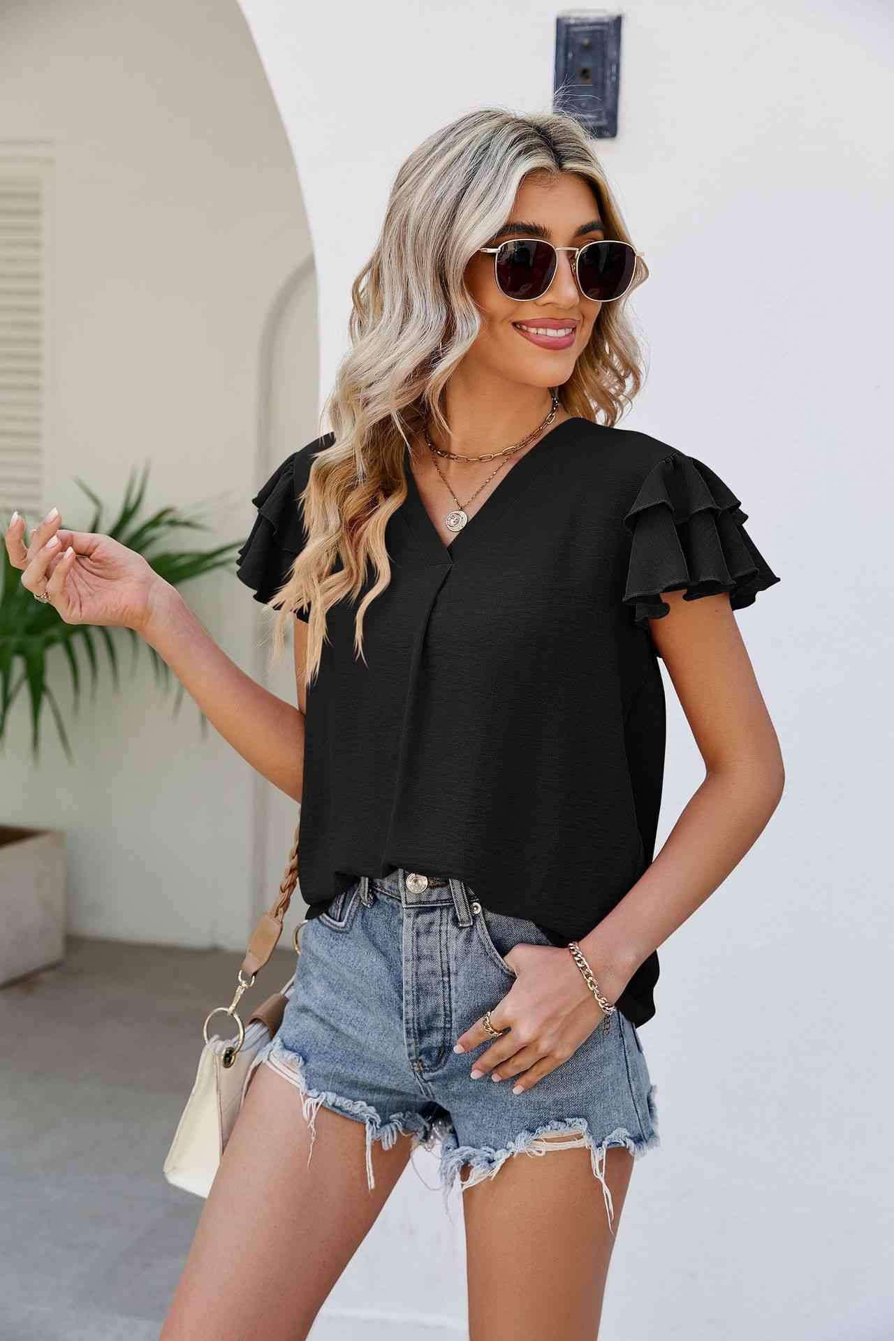 V-Neck Layered Flutter Sleeve Top Blouses - Tophatter Daily Deals