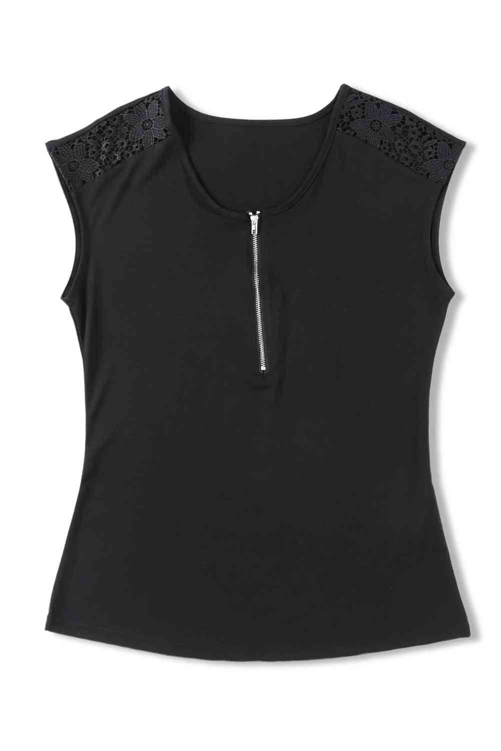 Half-Zip Scoop Neck Spliced Lace Top Blouses - Tophatter Daily Deals