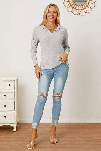 Collared Neck Dropped Shoulder T-Shirt Women's T-Shirts - Tophatter Daily Deals