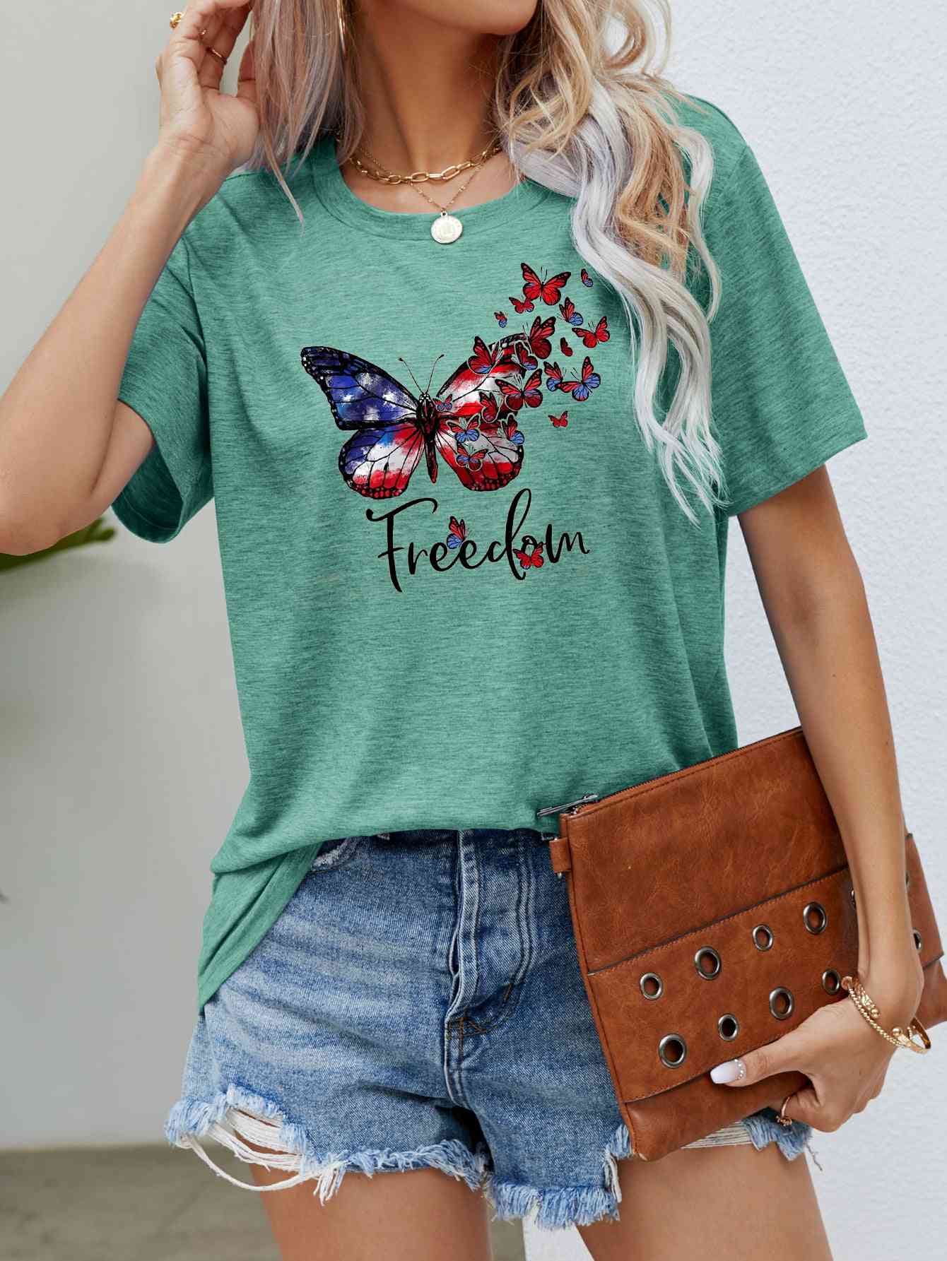 FREEDOM Butterfly Graphic Short Sleeve Tee Gum Leaf Women's T-Shirts - Tophatter Daily Deals