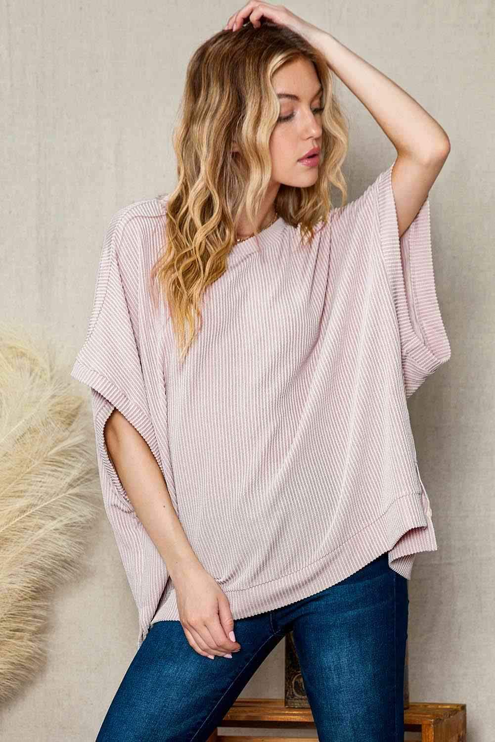 Double Take Full Size Round Neck Ribbed Slit Tunic Top Eggshell Blouses - Tophatter Daily Deals