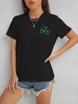 Lucky Clover Round Neck Short Sleeve T-Shirt Black Women's T-Shirts - Tophatter Daily Deals
