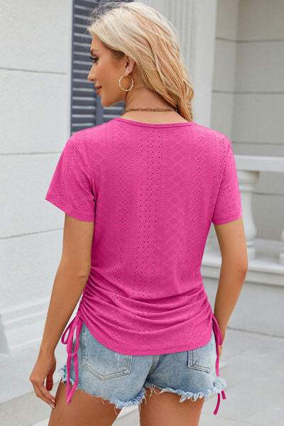 Eyelet Round Neck Short Sleeve T-Shirt Women's T-Shirts - Tophatter Daily Deals