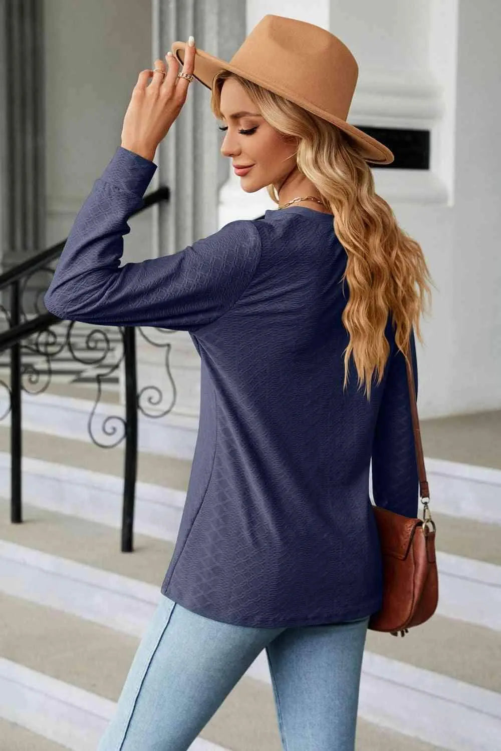 Notched Neck Long Sleeve Buttoned Blouse Blouses - Tophatter Daily Deals