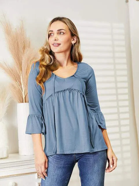 Ninexis Flounce Sleeve Full Size Babydoll Blouse Misty Blue Blouses - Tophatter Daily Deals