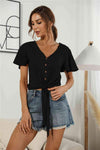 Decorative Button V-Neck Tied Blouse Black Blouses - Tophatter Daily Deals