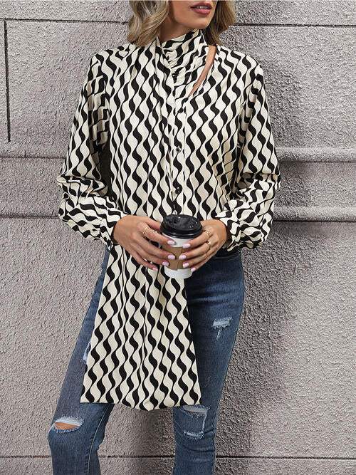 Printed Statement Neck Buttoned Blouse Blouses - Tophatter Daily Deals