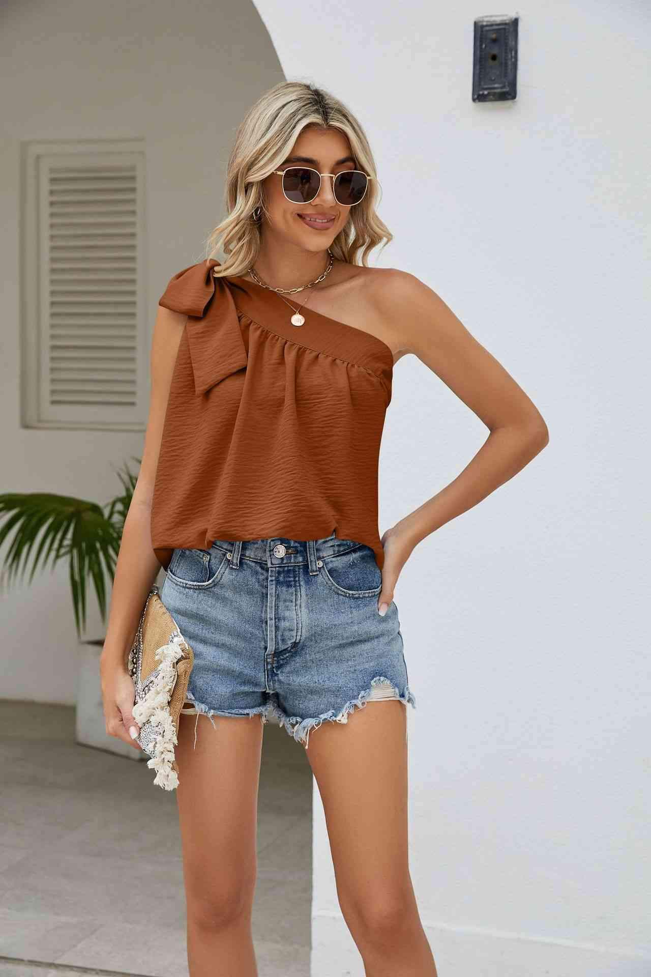 Tied One-Shoulder Sleeveless Top Caramel Blouses - Tophatter Daily Deals