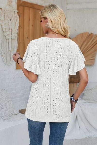 Eyelet Applique V-Neck Cap Sleeve T-Shirt Women's T-Shirts - Tophatter Daily Deals