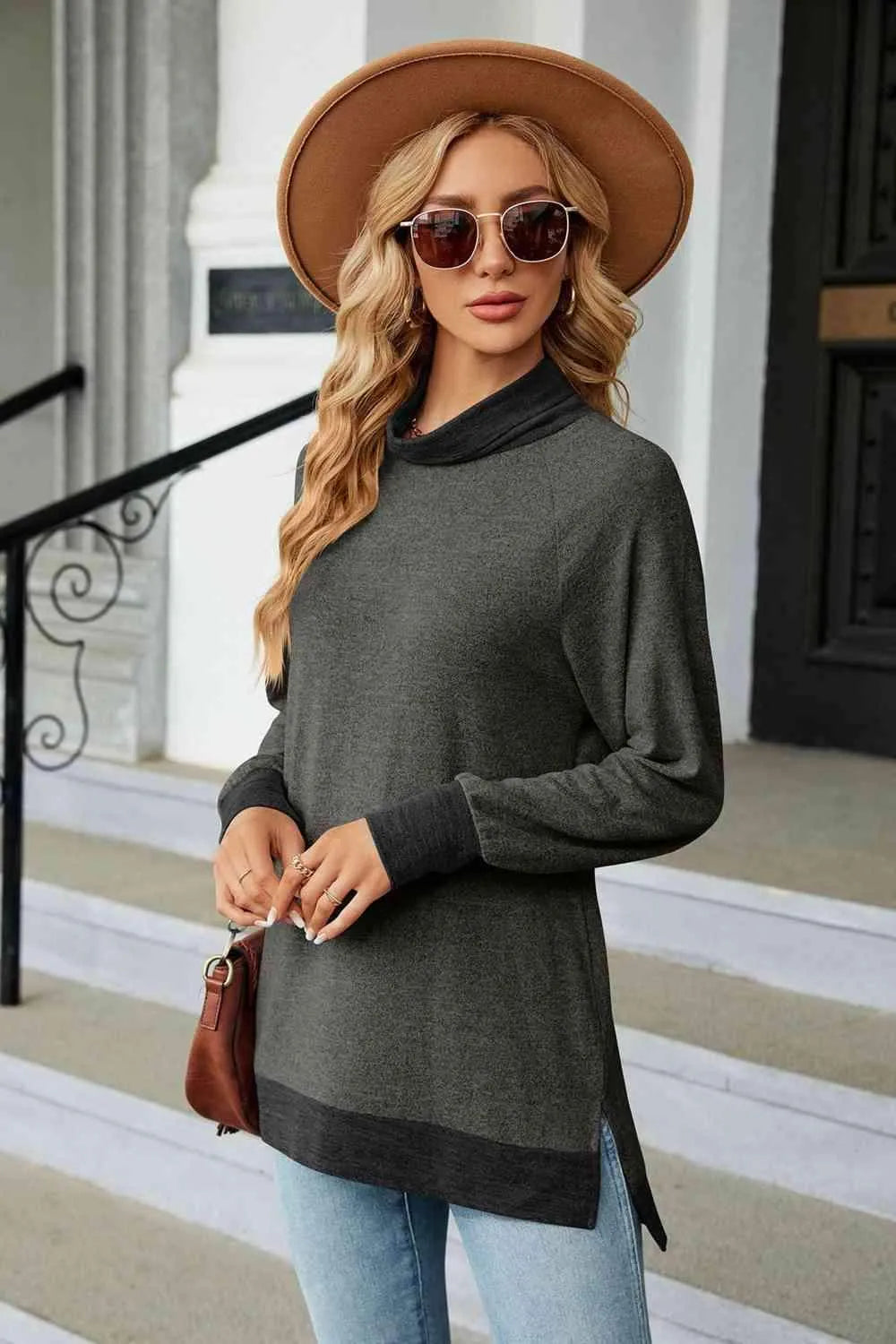 Turtle Neck Long Sleeve Slit Blouse Blouses - Tophatter Daily Deals