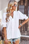 Textured Notched Neck Puff Sleeve Blouse White Blouses - Tophatter Daily Deals