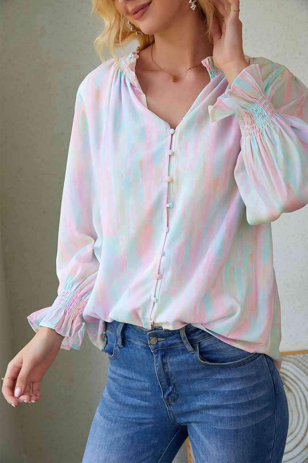 Notched Neck Flounce Sleeve Blouse Blouses - Tophatter Daily Deals