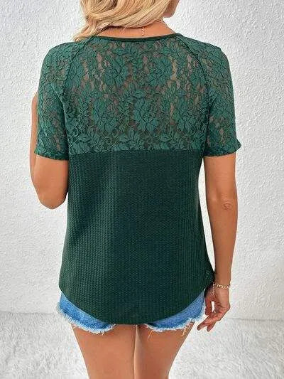 Lace Detail V-Neck Short Sleeve T-Shirt Women's T-Shirts - Tophatter Daily Deals