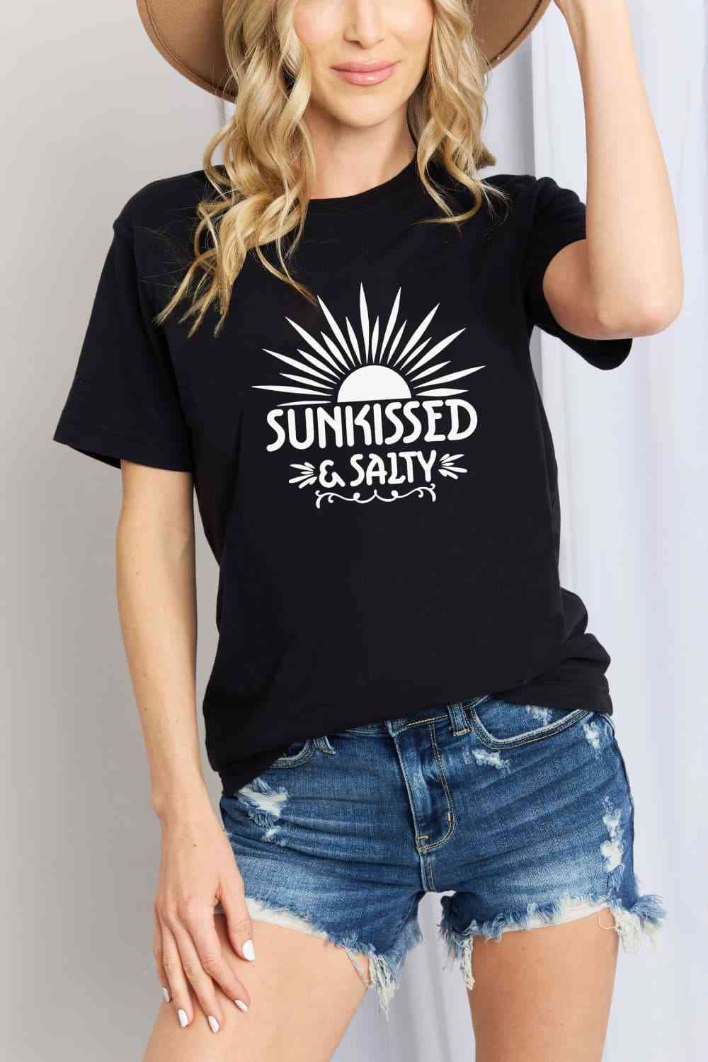 Simply Love SUNKISSED & SALTY Graphic Cotton T-Shirt Black Women's T-Shirts - Tophatter Daily Deals