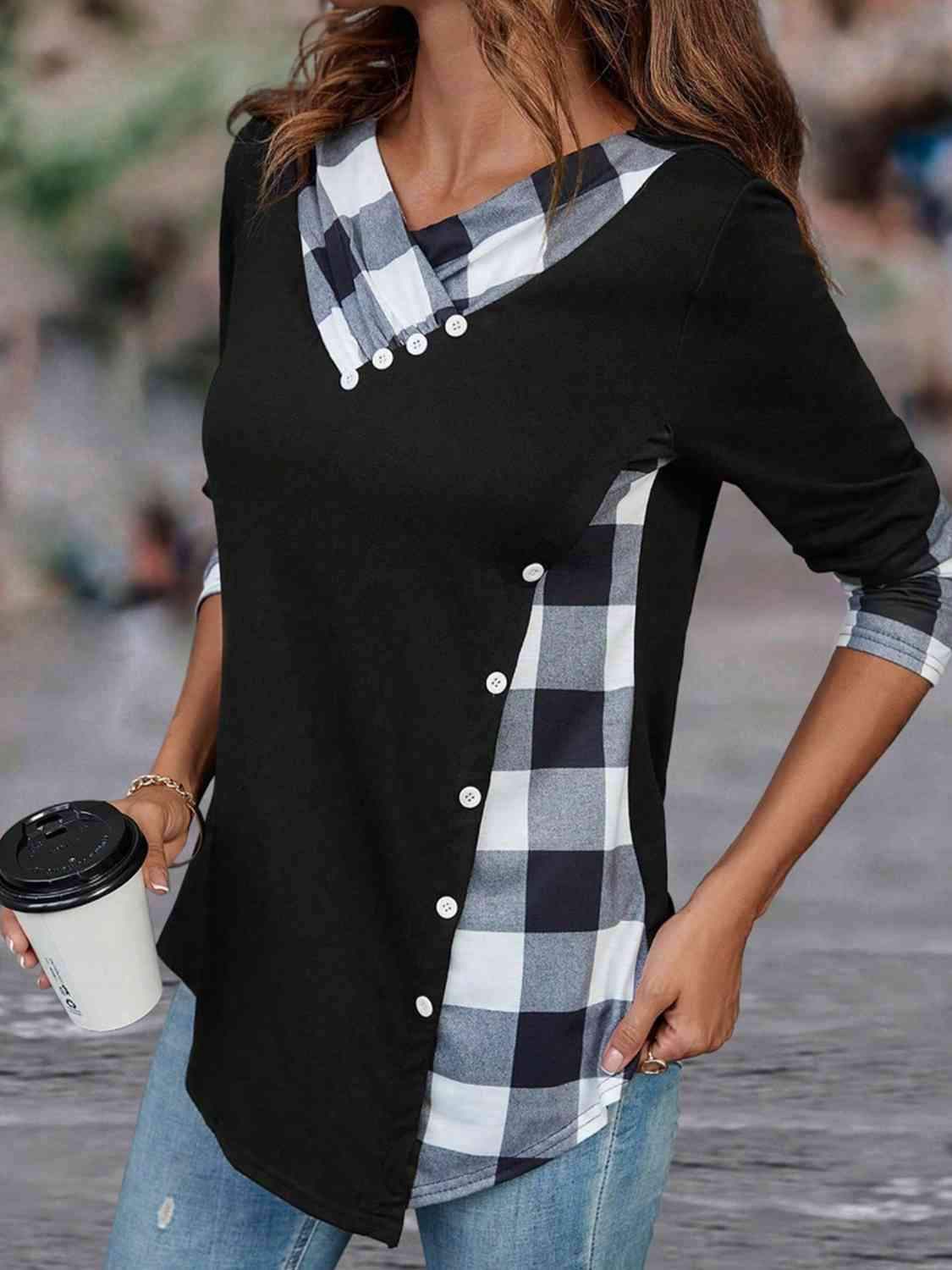 Plaid V-Neck Decorative Button Top Blouses - Tophatter Daily Deals