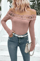 Off-Shoulder Lace Trim Ribbed Tee Blouses - Tophatter Daily Deals