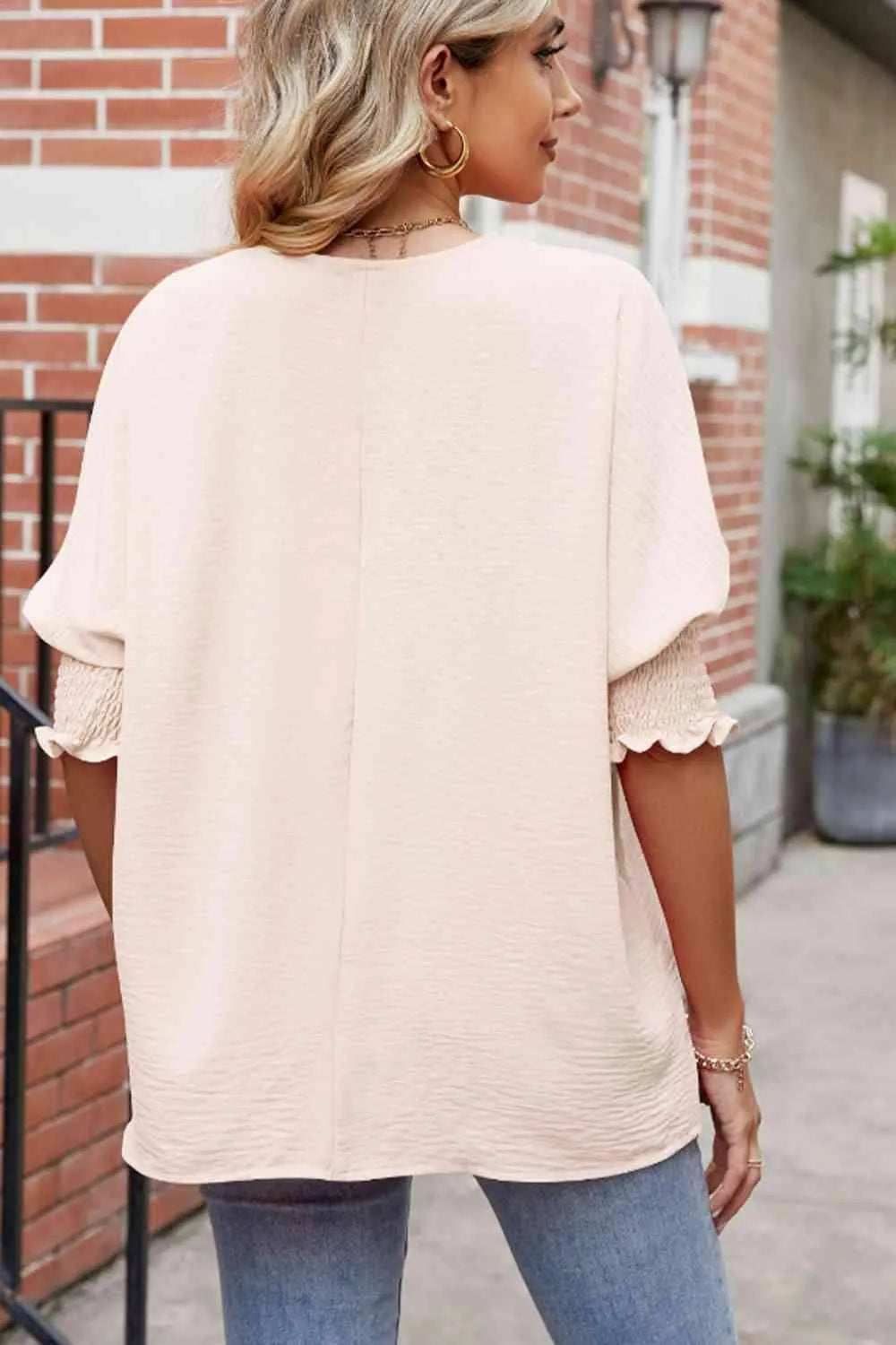 Round Neck Smocked Lantern Sleeve Blouse Blouses - Tophatter Daily Deals