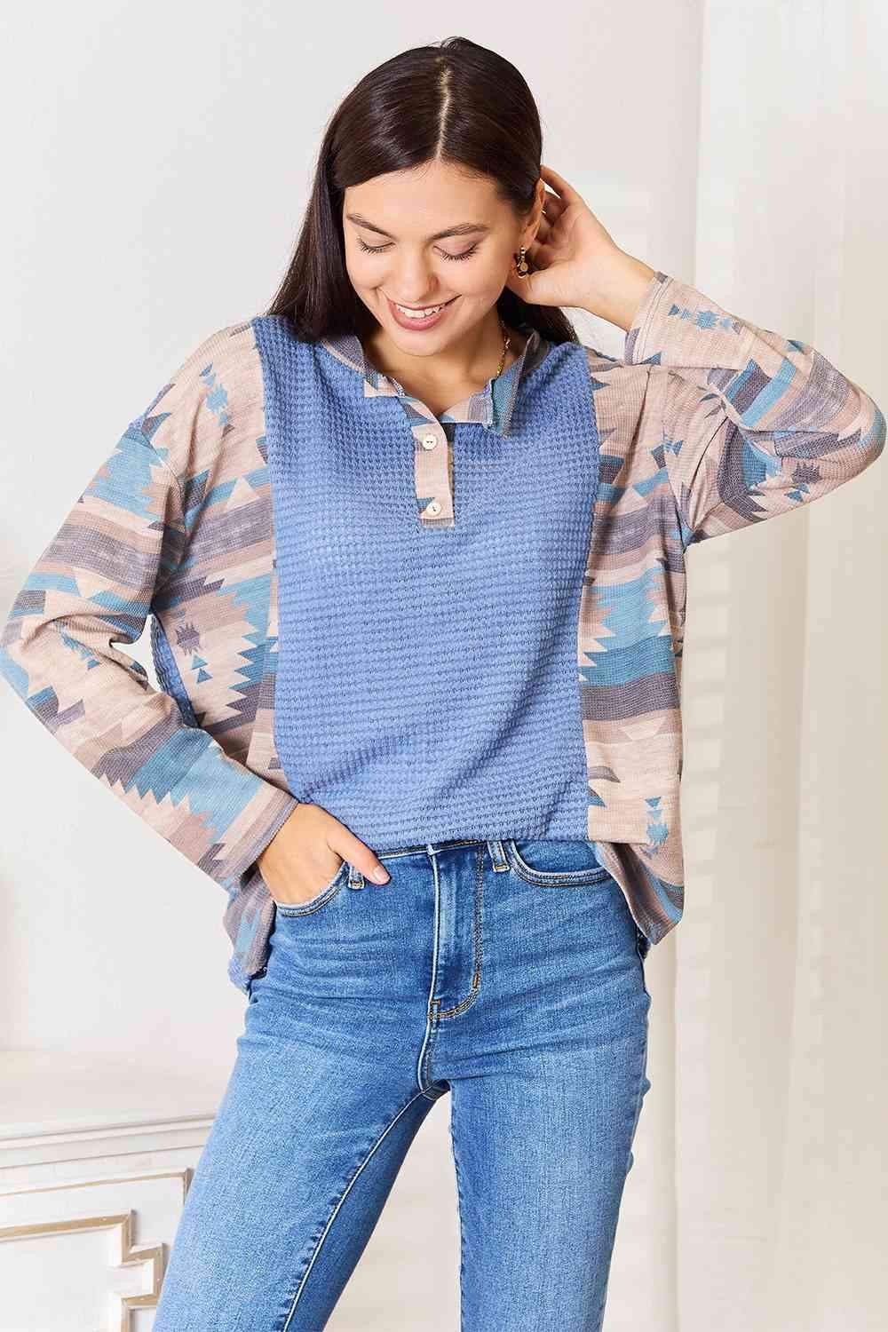 Sew In Love Full Size Waffle Knit Tribal Print Top Blouses - Tophatter Daily Deals