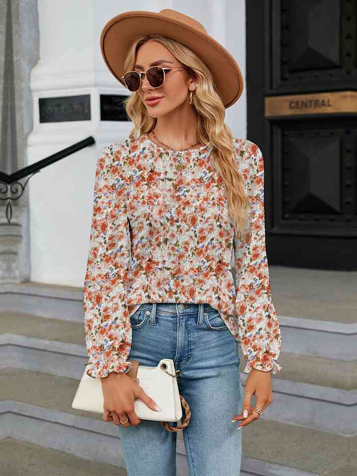 Printed Round Neck Flounce Sleeve Blouse Pumpkin Women's T-Shirts - Tophatter Daily Deals