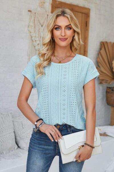 Eyelet Round Neck Rolled Short Sleeve T-Shirt Misty Blue Women's T-Shirts - Tophatter Daily Deals