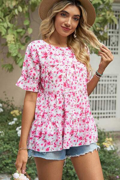 Floral Round Neck Short Sleeve T-Shirt Women's T-Shirts - Tophatter Daily Deals