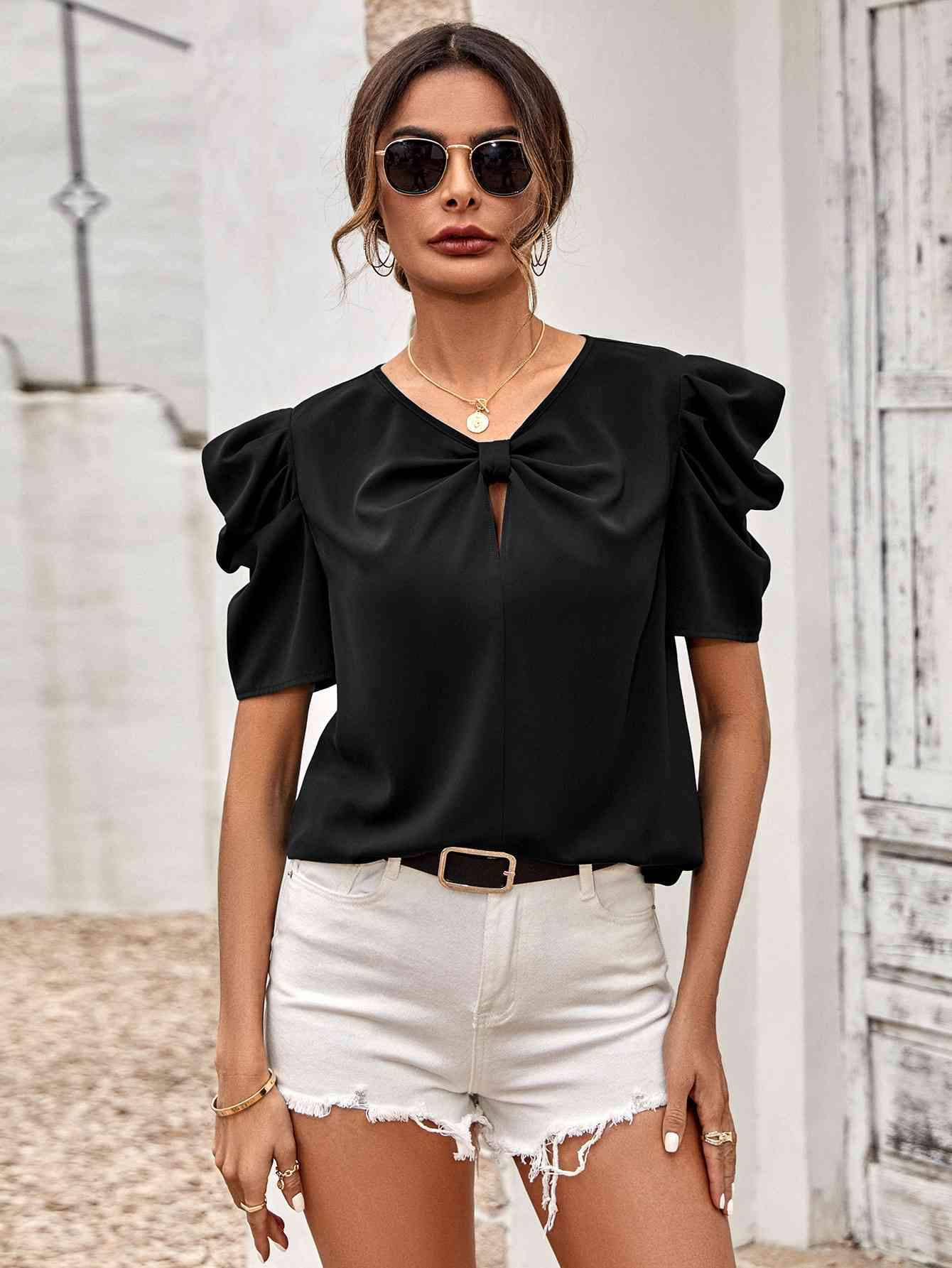 Puff Sleeve Gathered Detail Blouse Black Blouses - Tophatter Daily Deals