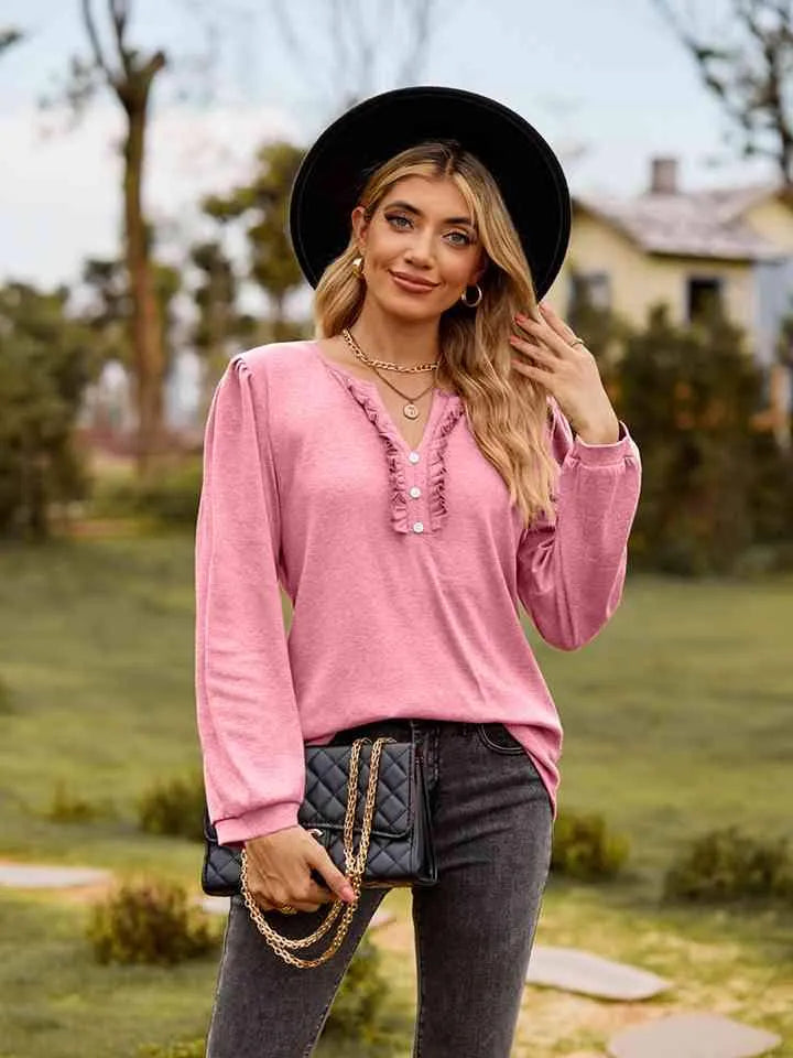 Puff Sleeve Ruffle Trim Blouse Lavender Blouses - Tophatter Daily Deals