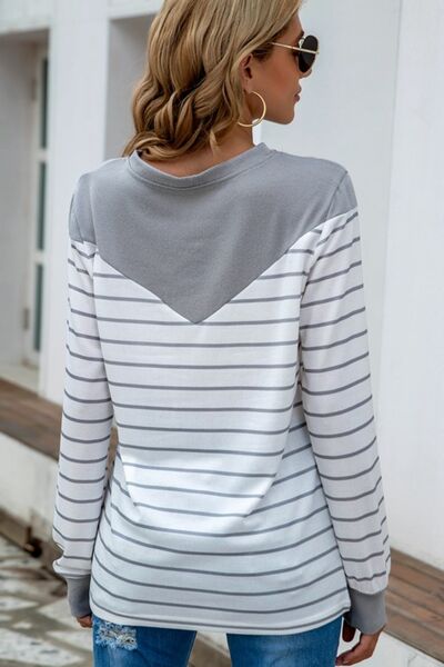 Striped Round Neck Long Sleeve T-Shirt Women's T-Shirts - Tophatter Daily Deals