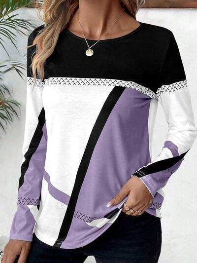 Contrast Round Neck Long Sleeve T-Shirt Lavender Women's T-Shirts - Tophatter Daily Deals