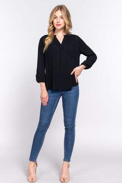 ACTIVE BASIC Full Size Notched Long Sleeve Woven Top Women's T-Shirts - Tophatter Daily Deals