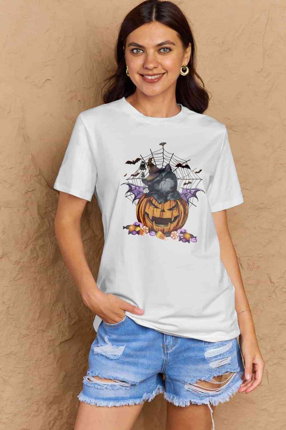 Simply Love Full Size Jack-O'-Lantern Graphic T-Shirt Bleach Women's T-Shirts - Tophatter Daily Deals