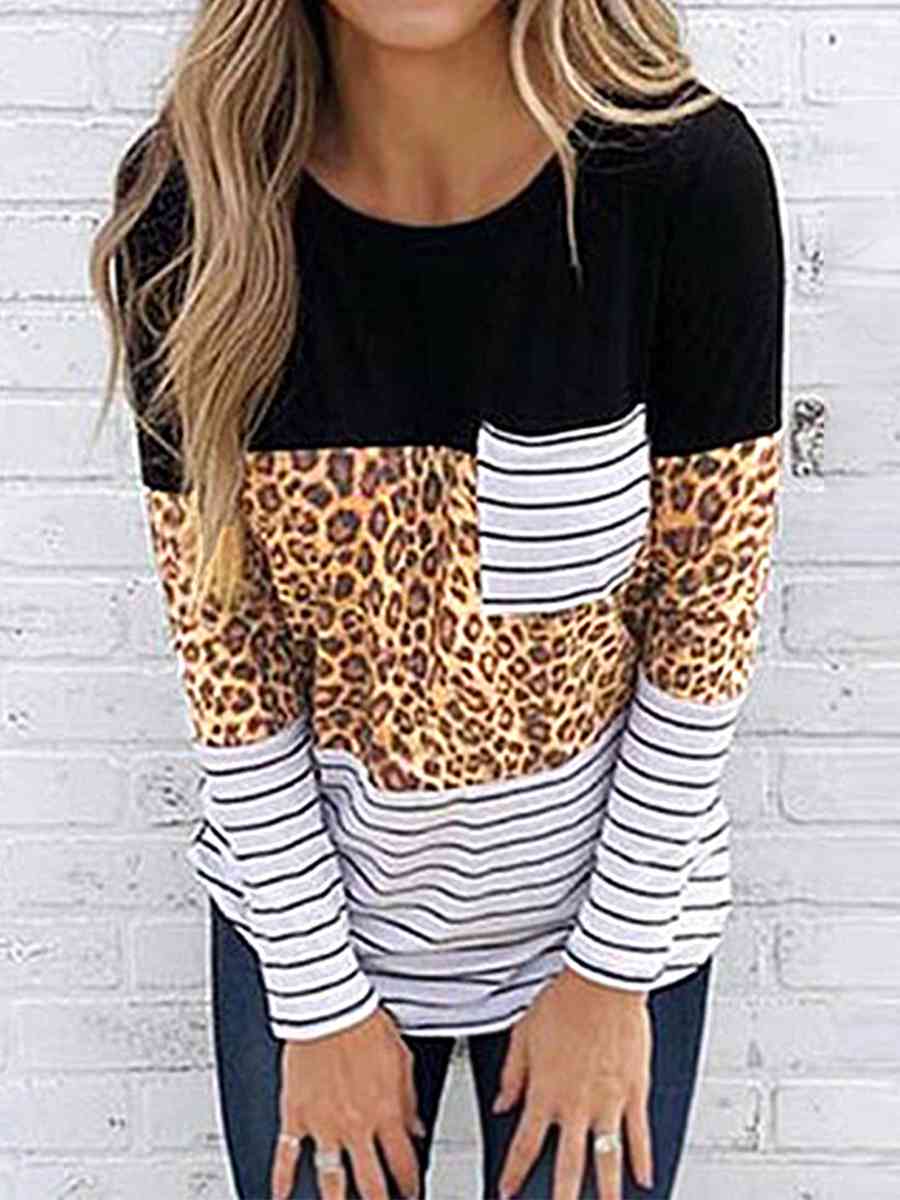 Leopard Striped Long Sleeve T-Shirt Tan Women's T-Shirts - Tophatter Daily Deals