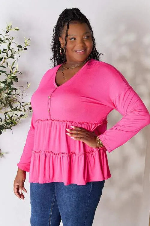 Double Take Half Button Long Sleeve Ruffle Hem Blouse Blouses - Tophatter Daily Deals