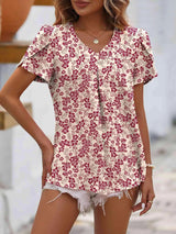 Ruche V-Neck Petal Sleeve Top Beige Blouses - Tophatter Daily Deals