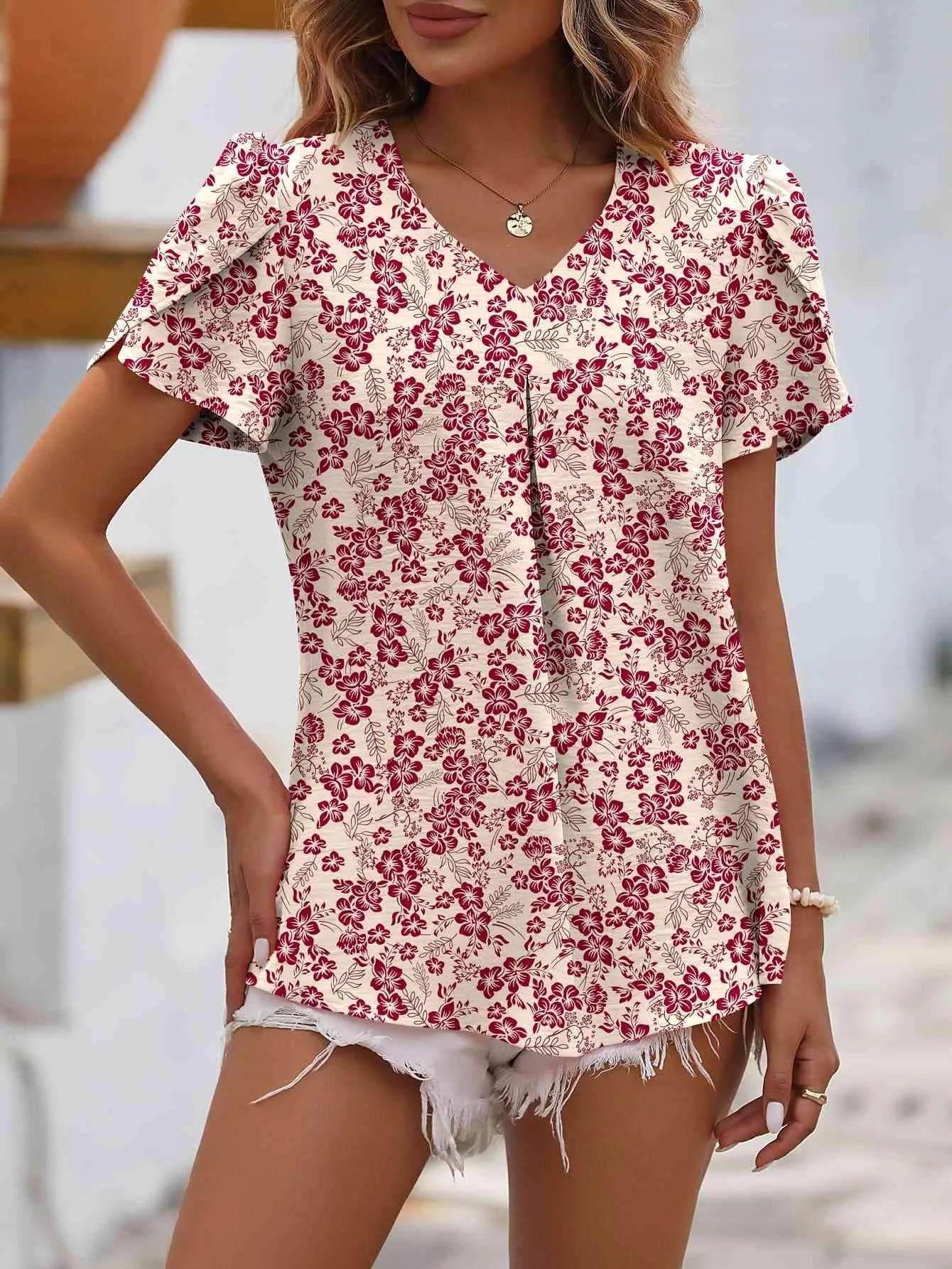 Ruche V-Neck Petal Sleeve Top Beige Blouses - Tophatter Daily Deals
