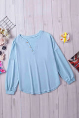 Button Detail Curved Hem Top Blue Blouses - Tophatter Daily Deals