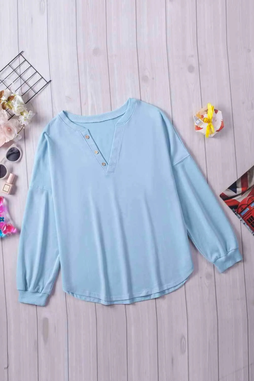 Button Detail Curved Hem Top Blue Blouses - Tophatter Daily Deals