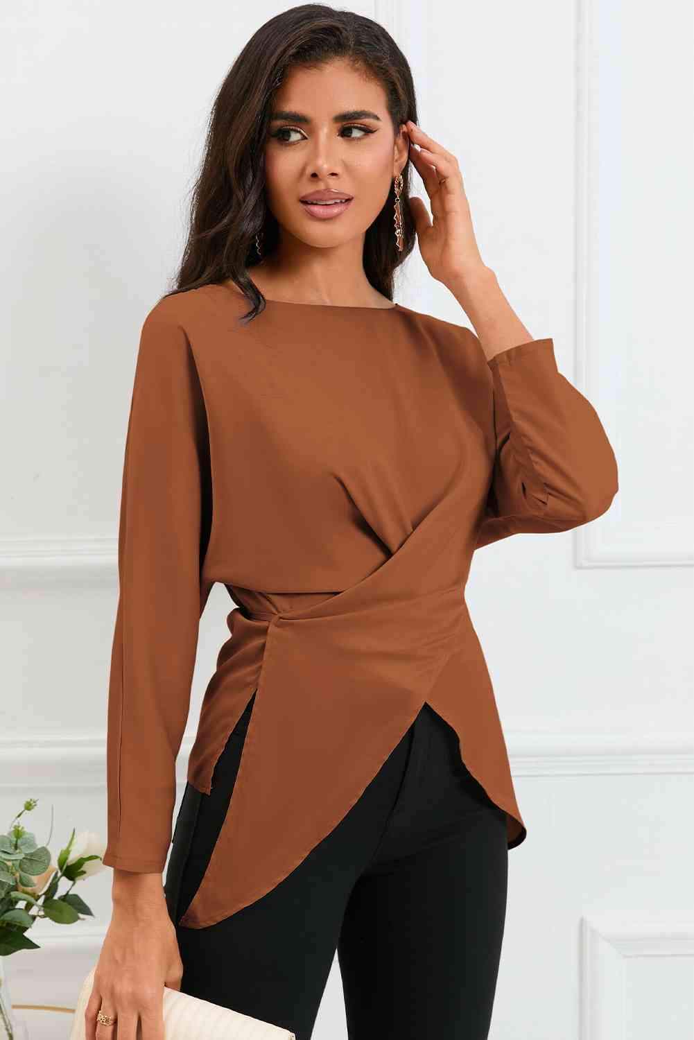 Boat Neck Back Tie Long Sleeve Satin Blouse Ochre Blouses - Tophatter Daily Deals