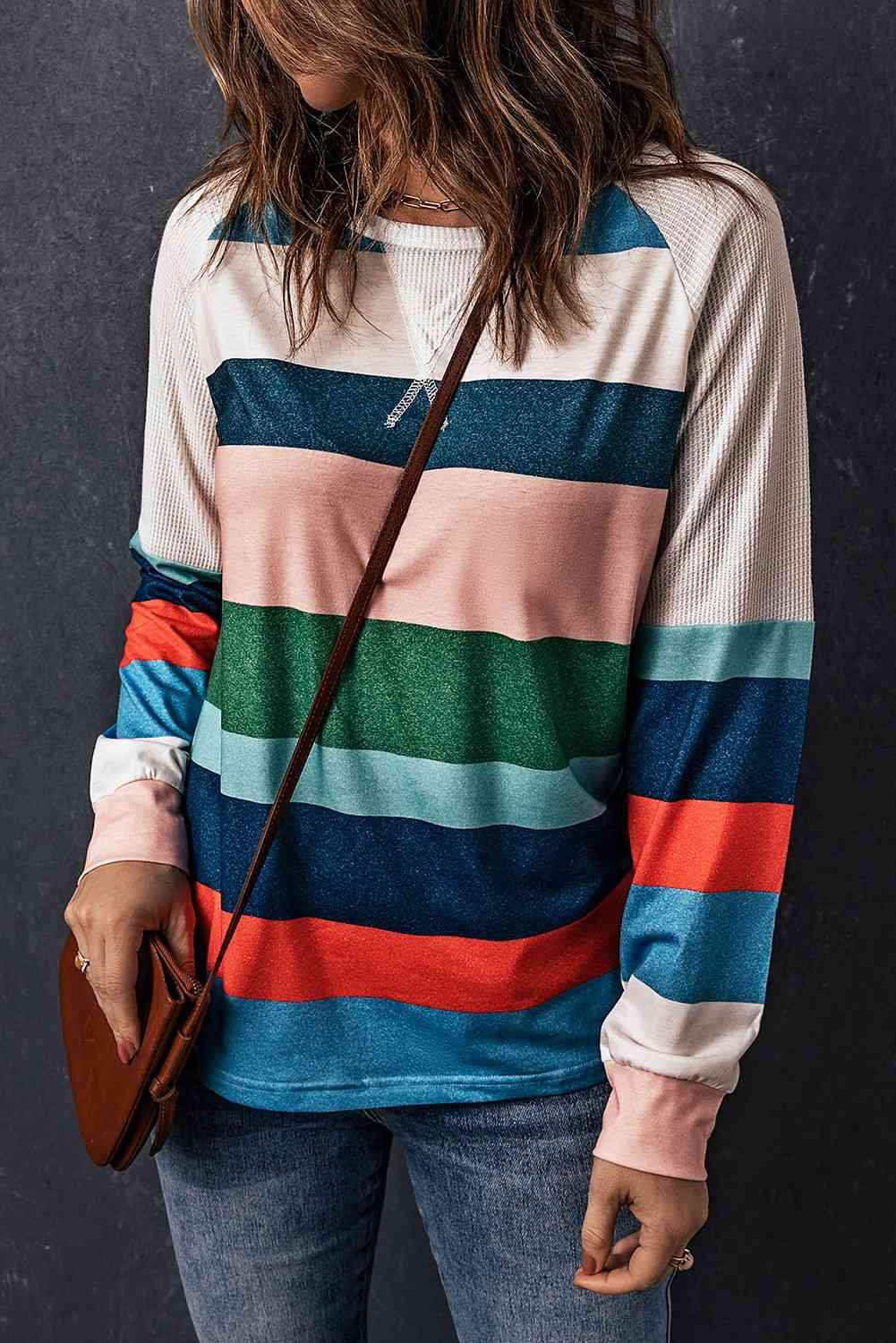 Striped Raglan Sleeve Round Neck Tee Stripe Women's T-Shirts - Tophatter Daily Deals