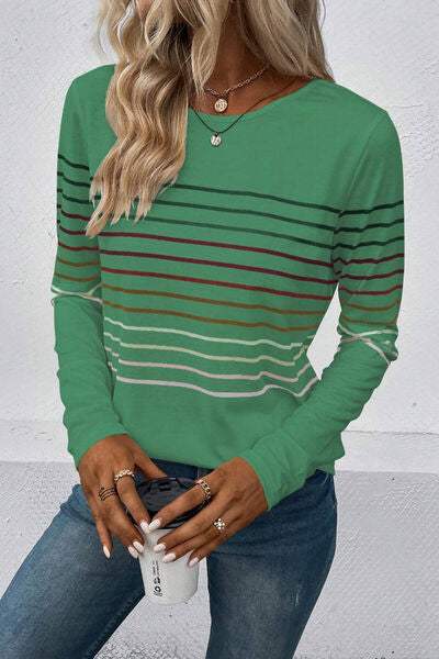 Striped Round Neck Long Sleeve T-Shirt Women's T-Shirts - Tophatter Daily Deals