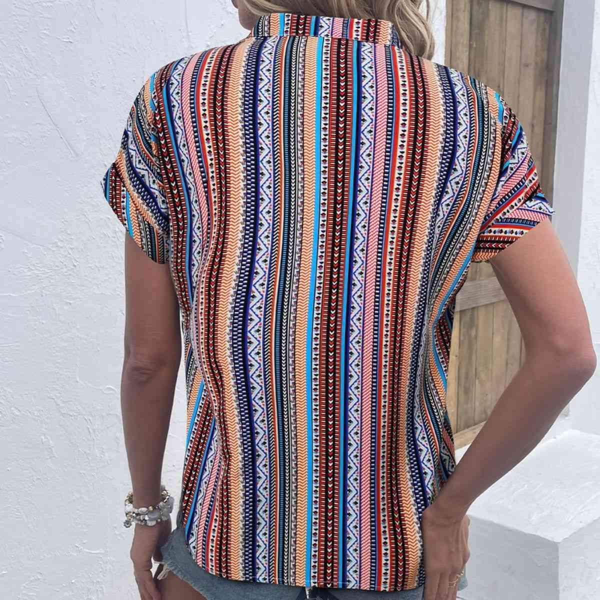 Multicolored Stripe Notched Neck Top Blouses - Tophatter Daily Deals