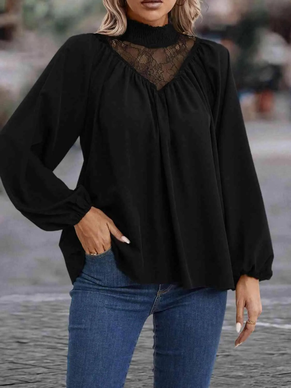 Lace Detail Mock Neck Top Blouses - Tophatter Daily Deals