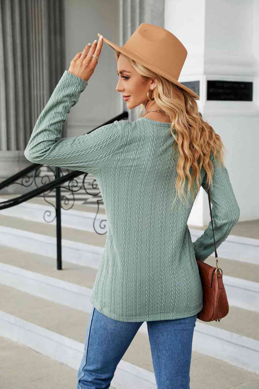 Cable-Knit Long Sleeve V-Neck T-Shirt Women's T-Shirts - Tophatter Daily Deals