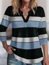 Striped Notched Long Sleeve T-Shirt Pastel Blue Women's T-Shirts - Tophatter Daily Deals